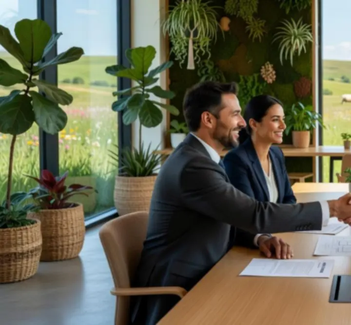 Consultants and clients reviewing project success metrics in a meeting.