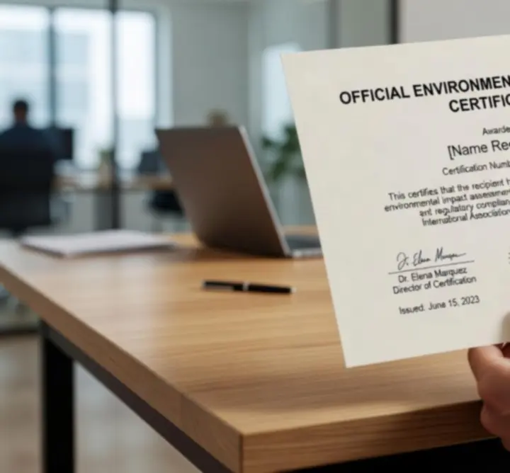 Framed environmental consulting certificate on a desk