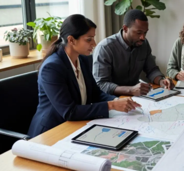 Project team reviewing environmental project plans around a table