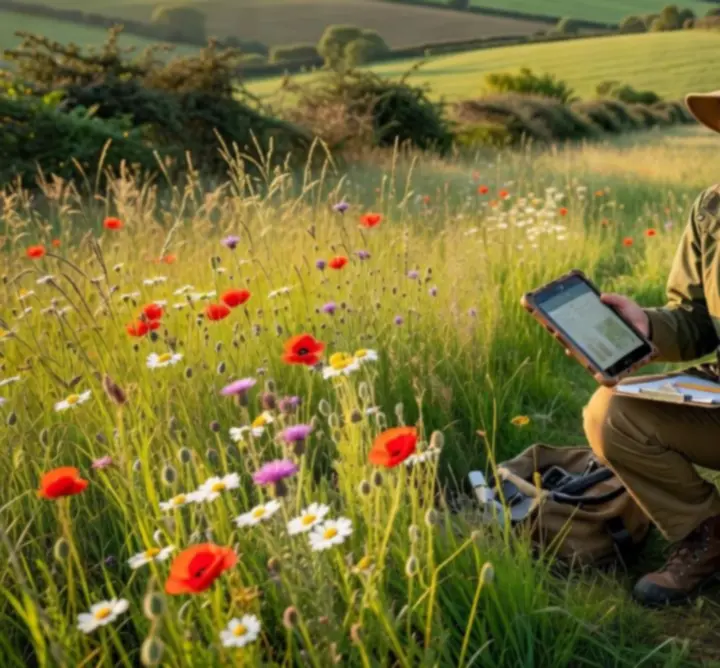 Field ecology survey being conducted in a rural landscape