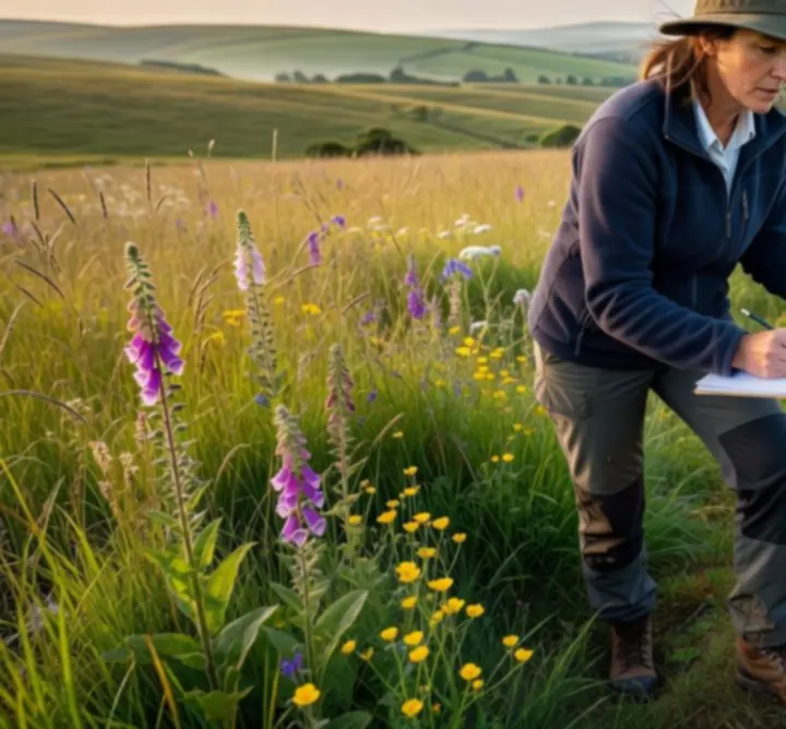 Environmental expert conducting a field survey in a rural landscape