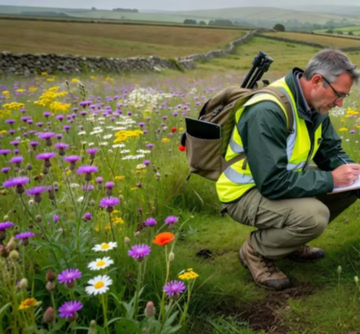 Environmental consultant carrying out fieldwork in a rural landscape