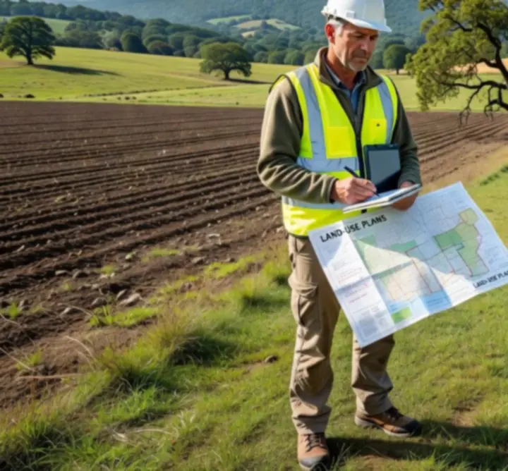 Consultant reviewing rural field for land-use advisory